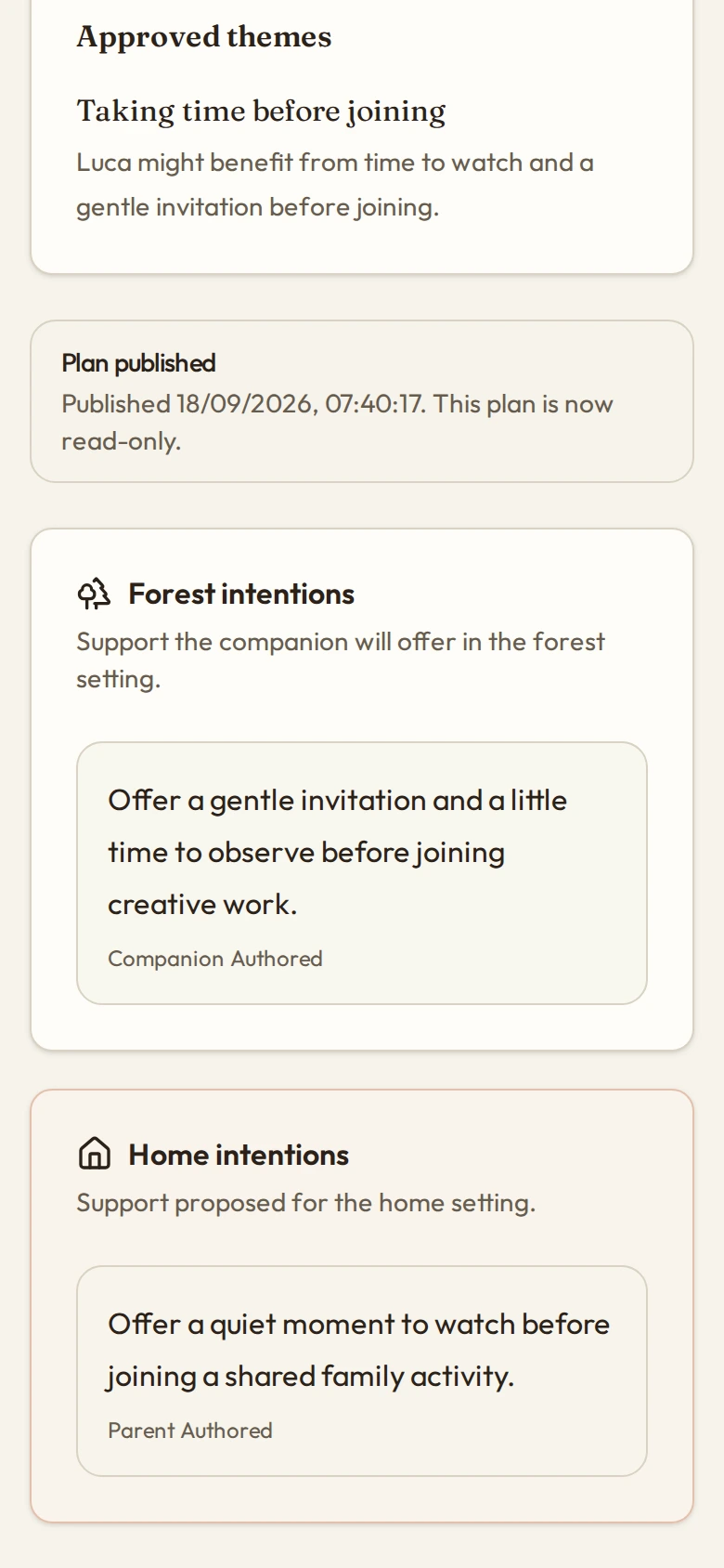 Rootly’s published support plan, with practical intentions for the forest setting and home.