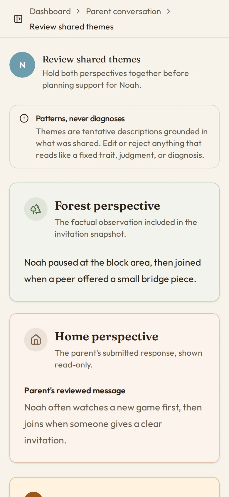 Rootly’s shared understanding themes screen, bringing the forest and home perspectives together for review.